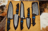 5 PCS HAND FORGED Fixed Blade Damascus Steel kitchen Knives + leather Roll kit 🦋💙 - ZB Knives Store