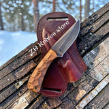 Hand forged cowboy knife with leather sheath and walnut wood handle