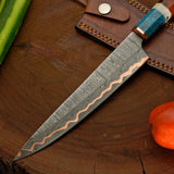 Custom Copper Damascus Chef Knife – Personalized Handmade Kitchen Knife with Resin Handle & Leather Sheath
