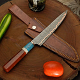 Custom Copper Damascus Chef Knife – Personalized Handmade Kitchen Knife with Resin Handle & Leather Sheath