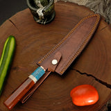 Custom Copper Damascus Chef Knife – Personalized Handmade Kitchen Knife with Resin Handle & Leather Sheath