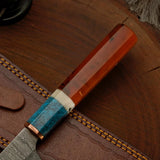 Custom Copper Damascus Chef Knife – Personalized Handmade Kitchen Knife with Resin Handle & Leather Sheath