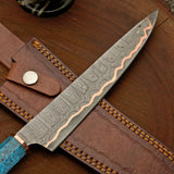 Custom Copper Damascus Chef Knife – Personalized Handmade Kitchen Knife with Resin Handle & Leather Sheath