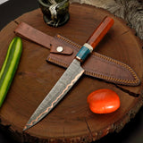 Custom Copper Damascus Chef Knife – Personalized Handmade Kitchen Knife with Resin Handle & Leather Sheath
