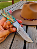 Handmade Damascus Steel Cowboy Knife, Pine Cone Handle, Pancake Leather Sheath, Special Occasion Gift